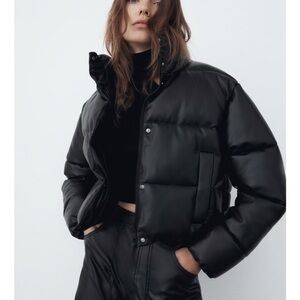 ZARA Foax Leather Puffer Jacket Coat Crop Black Small